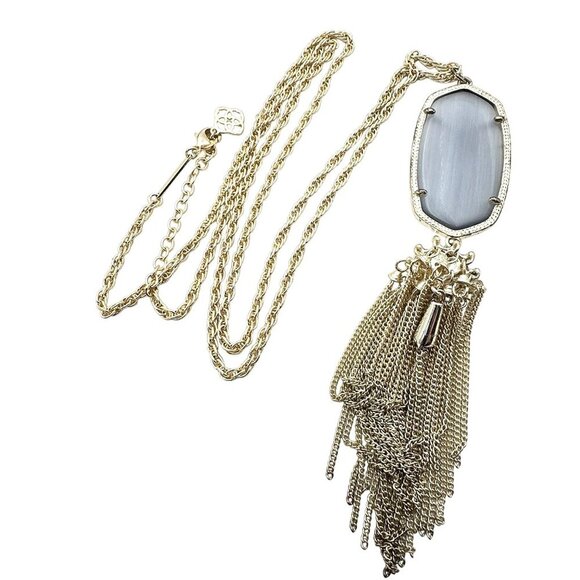 Kendra Scott Rayne Necklace Gold Tone Grey Slate Cats Eye Tassle Pendant - Picture 5 of 5